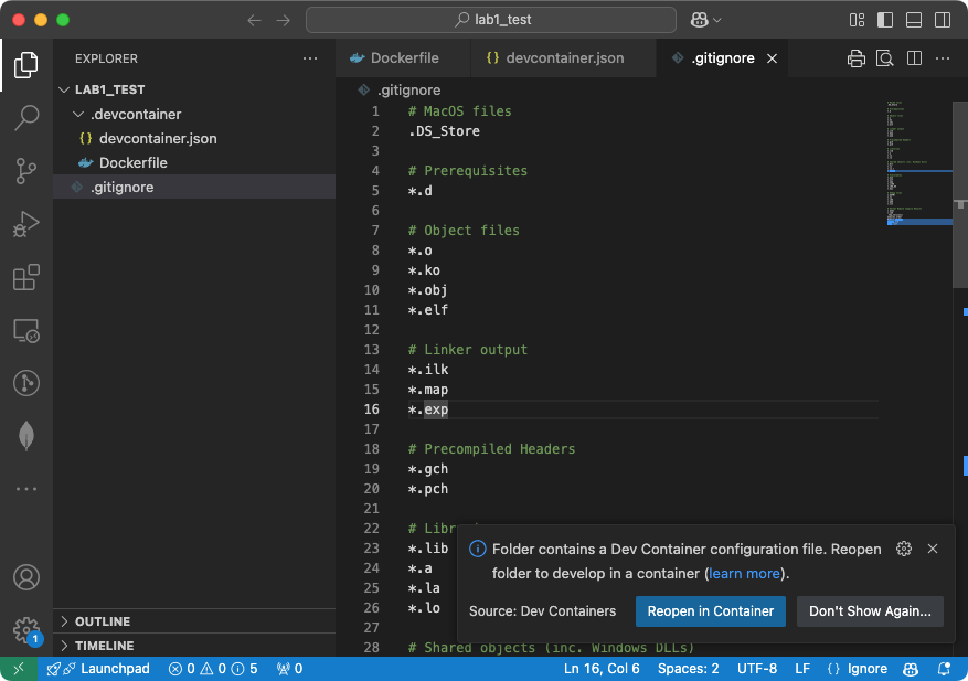 VSCode interface prompting to reopen in container